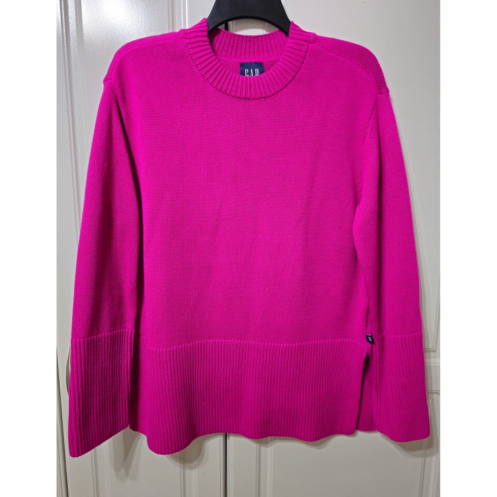 GAP Womens Magenta Pink 100% Cotton Ribbed Crewneck Sweater Side Slits Small